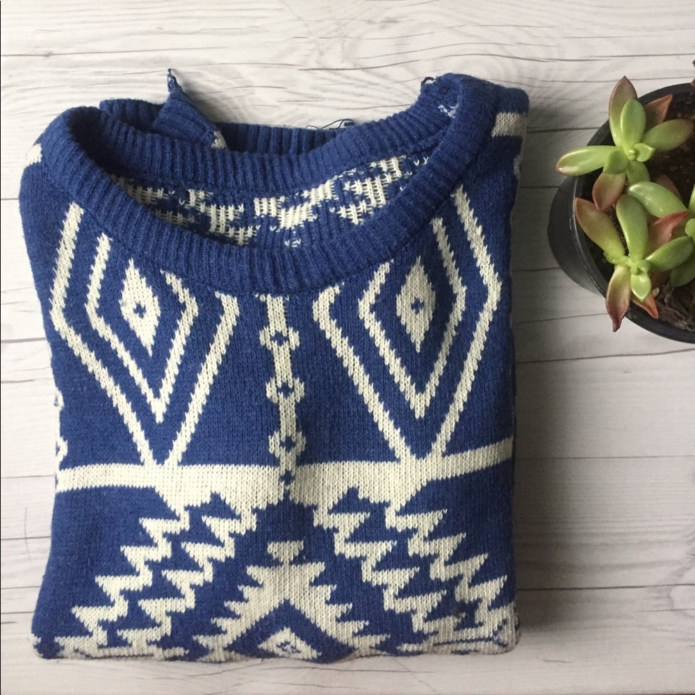 Blue and Cream Geometric Knit Sweater - Women's